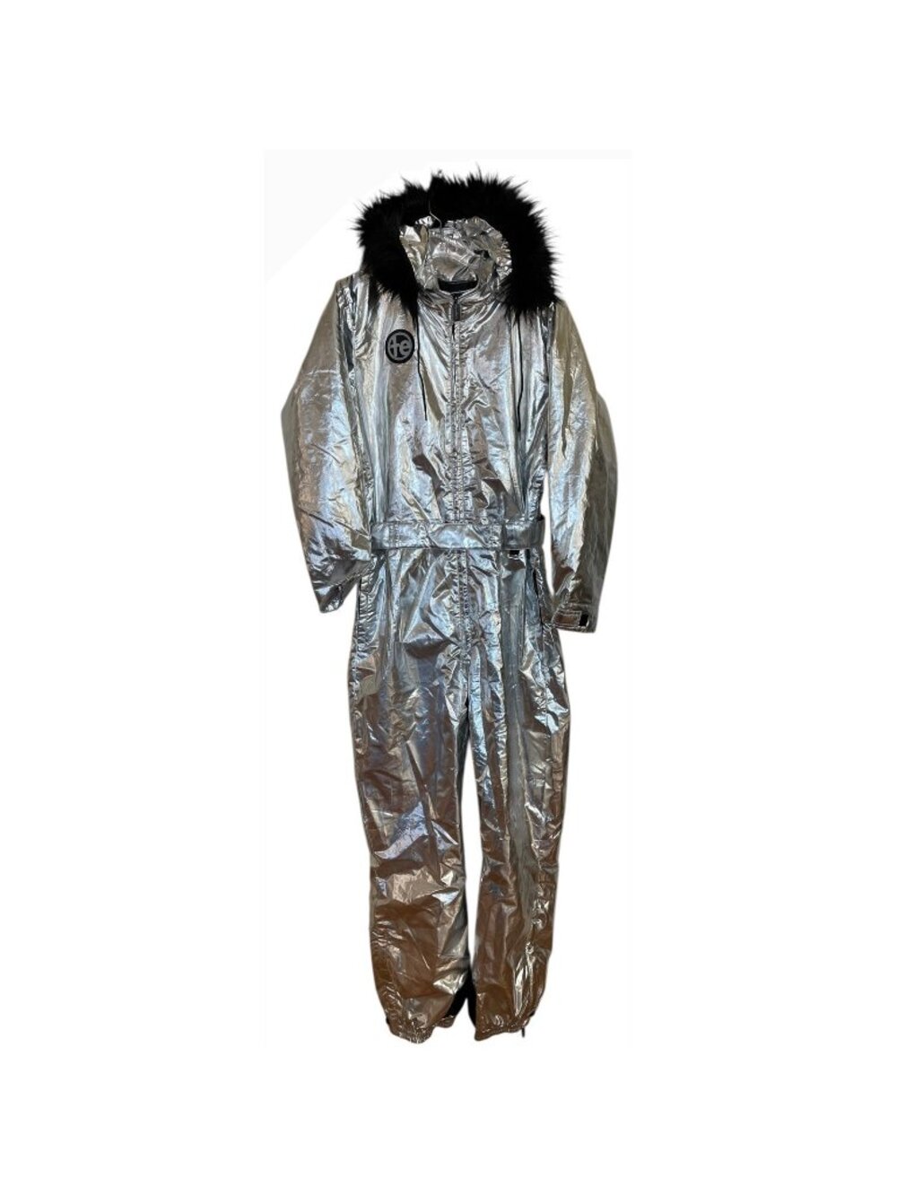 Tipsy Elves Womens Silver Bullet metallic Ski Suit Faux Fur Hood Size Large